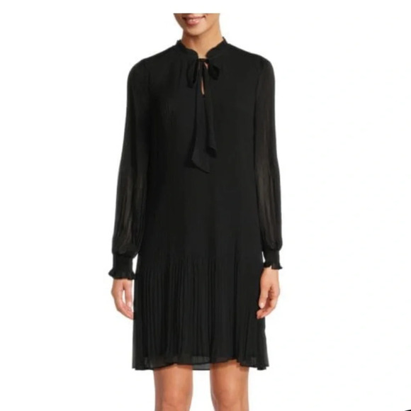 DKNY Classic Black A-Line Knee Length Dress with Tie at Mock Neck Long Sleeves 6 - Picture 1 of 10